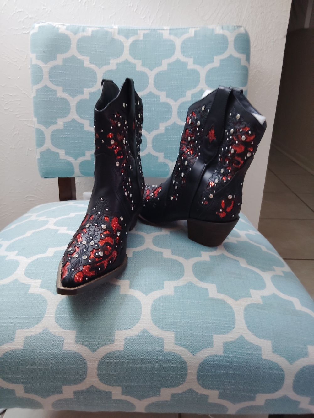 Women's Black Ankle Booties with Red Metallic Embellishment - Picture 4 of 4